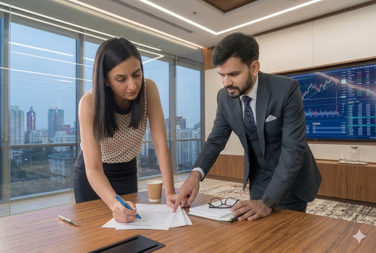 Finance professionals reviewing investment documents